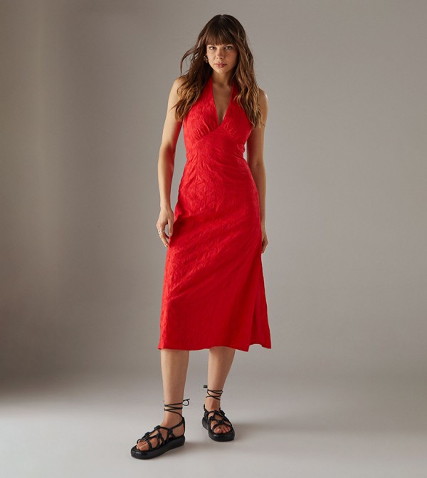 Embroidered Halterneck Midi Dress