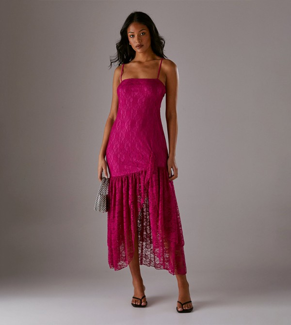 Lace Strappy Drop Waist Ruffle Midi Dress