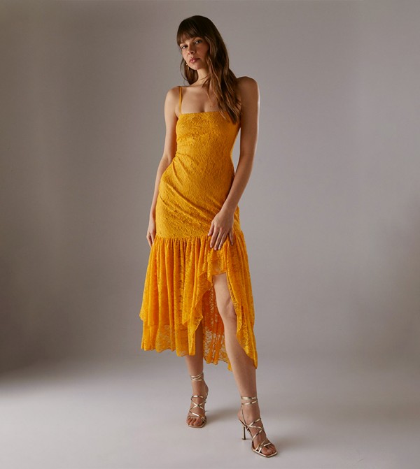 Lace Strappy Drop Waist Ruffle Midi Dress