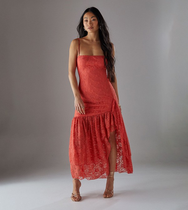 Petite Lacy Strappy Ruffled Midi Dress