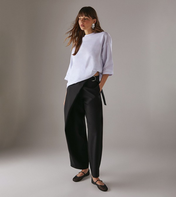 Wrap Buckle Detail Wide Leg Trousers