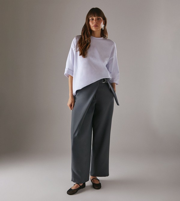 Wrap Buckle Detail Wide Leg Trousers