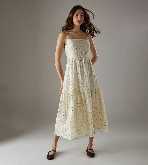 Polka Dots Organza Strappy Tiered Maxi Dress