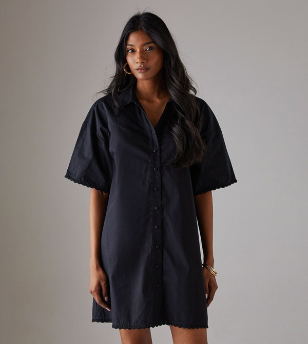 Poplin Crochet Trim Western Mini Shirt Dress