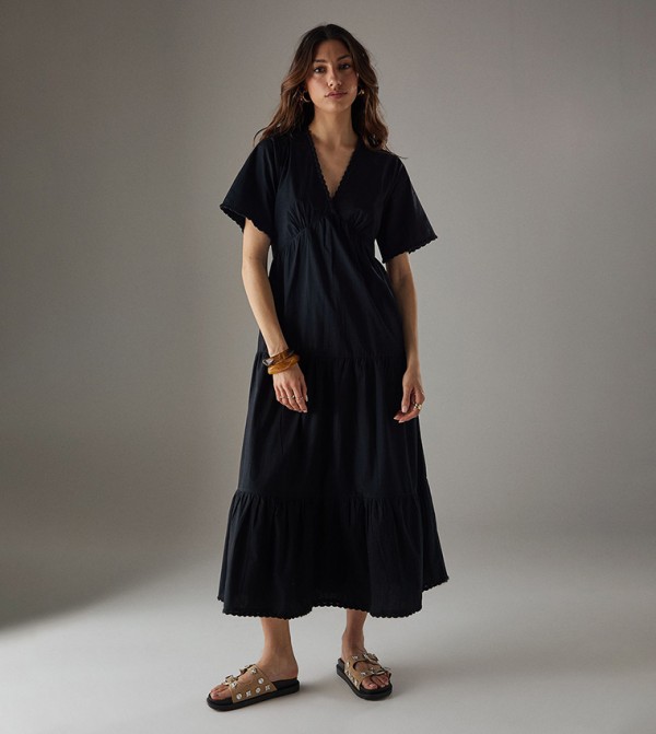 Poplin Whipstitch Trim Midi Smocked Dress