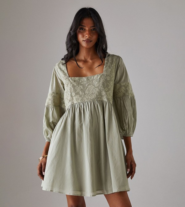 Tablecloth Trim Square Neck Mini Smock Dress