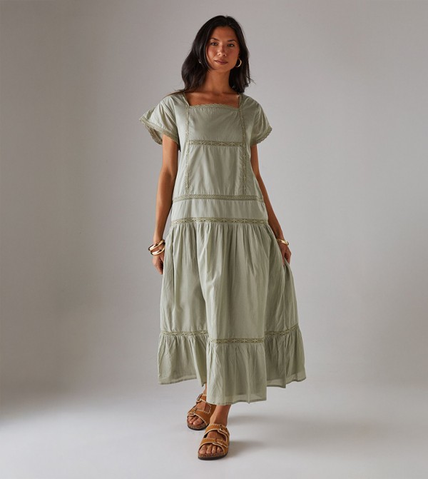 Cotton Lace Square Neck Midi Smock Dress