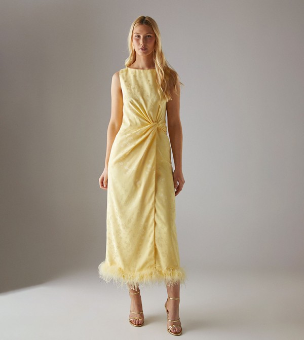 Satin Jacquard Feather Twist Front Cowl Back Midi Dress