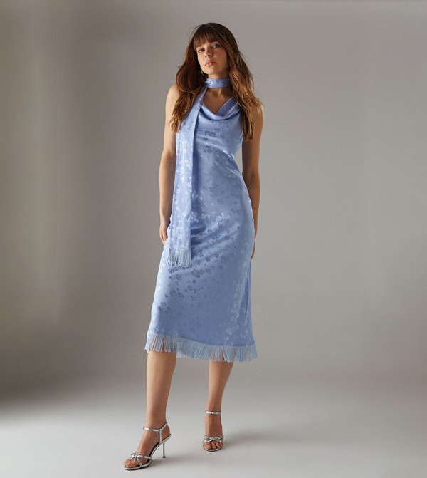 Satin Jacquard Cowl Neck Fringe Midi Dress
