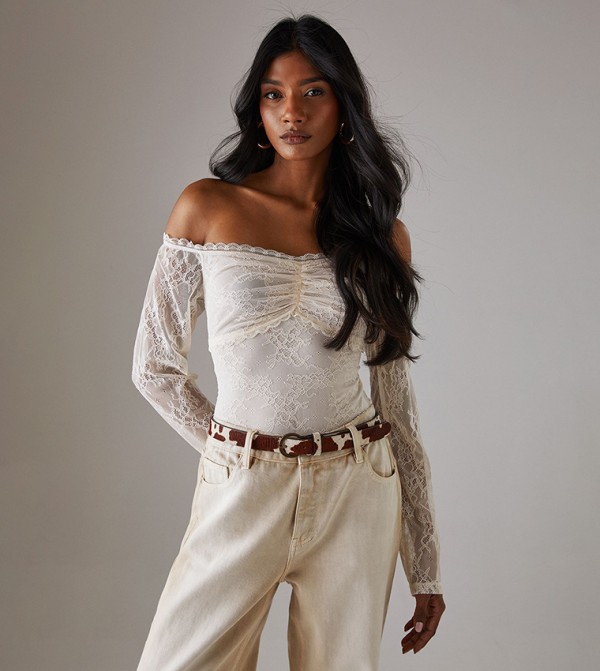 Lace Bardot Bow Detail Bodysuit Top