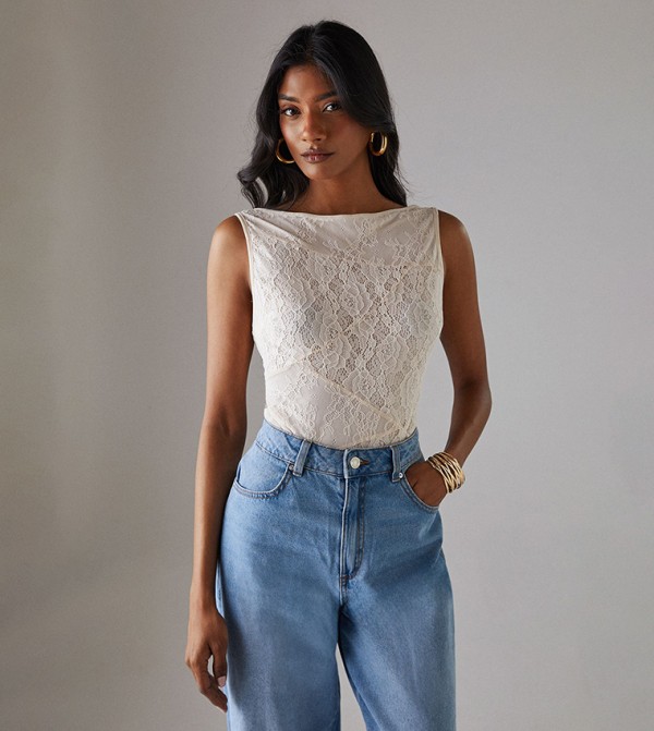 Lace Paneled Sleeveless Bodysuit Top