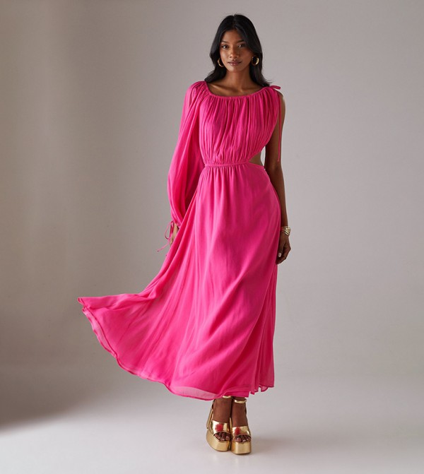 Chiffon One Shoulder Cut-Out Detail Midi Dress