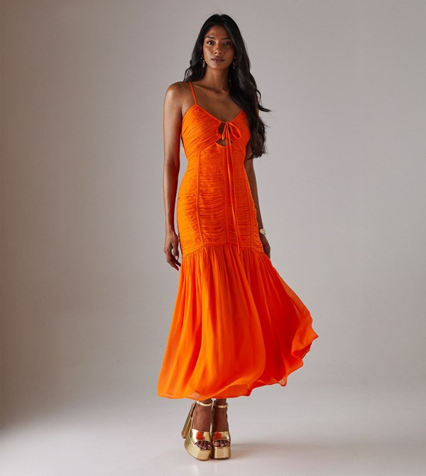 Chiffon Gathered Channel Strappy Midi Dress