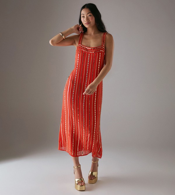 Petite Hand Embellished Square Neck Strappy Midi Dress