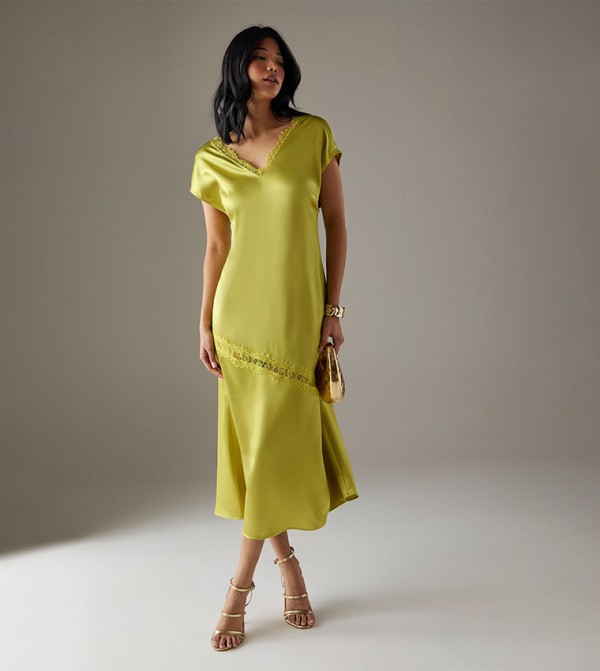 Petite High Shine Satin Grown On Sleeves Lace Midi Tea Dress