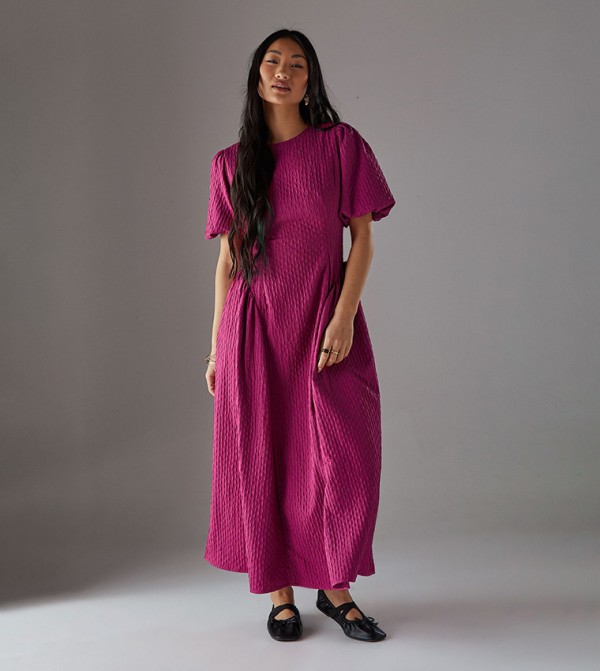 Petite Seersucker Puff Sleeves Maxi Dress