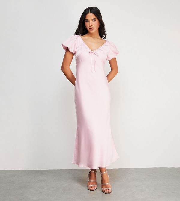 Lace Trim Puff Sleeves Satin Midi Dress