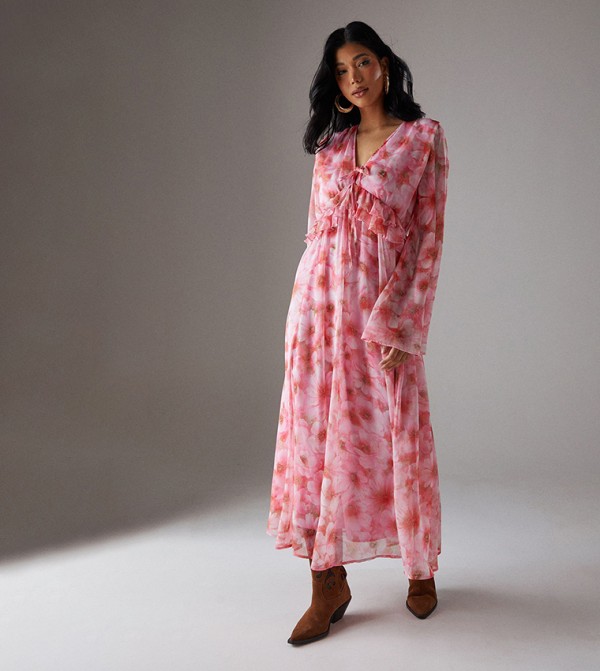 Printed Ruffled Plunge Neck Midi Dress
