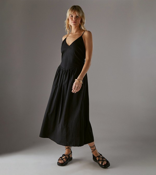 Linen Blend Plunge Neck Midi Dress