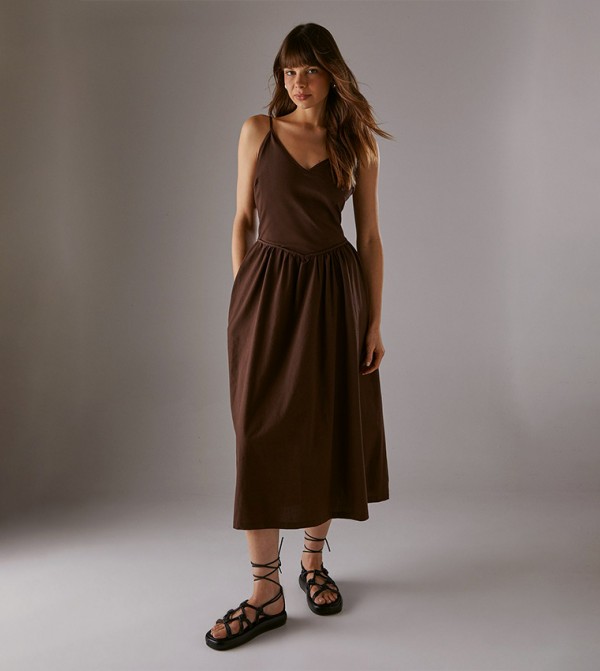 Linen Blend Plunge Neck Midi Dress