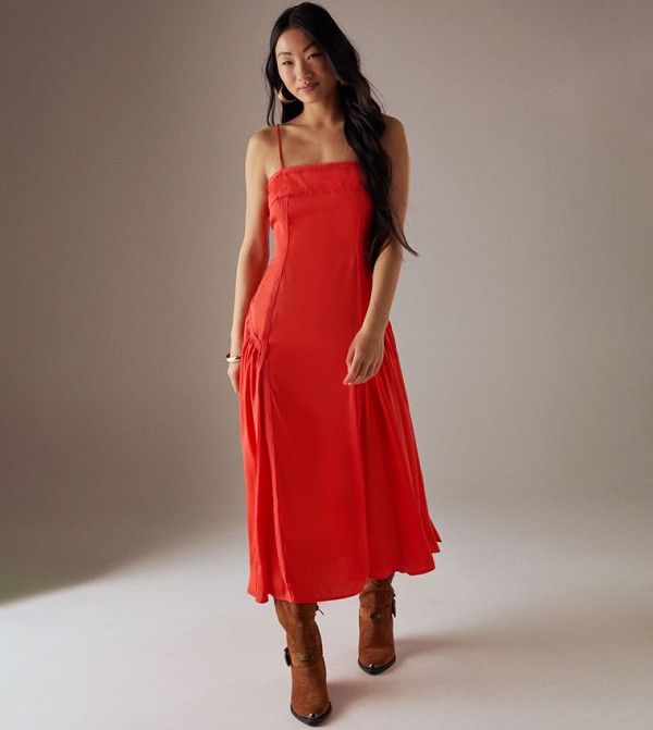 Petite Satin Lace Trim Detail Godet Strappy Midi Dress