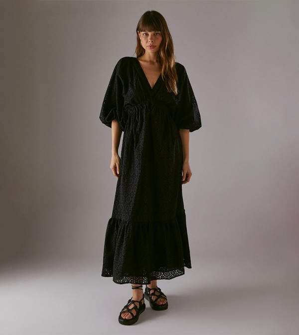 Broderie Plunge Neck Volume Sleeves Smock Maxi Dress