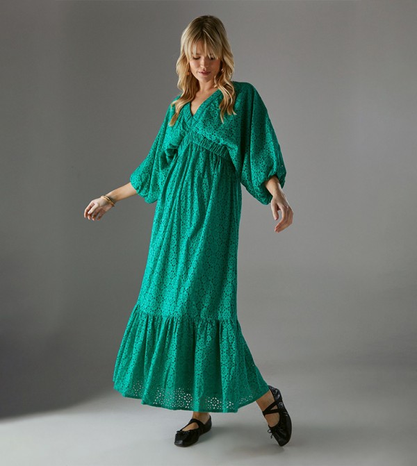 Broderie Plunge Neck Volume Sleeves Smock Maxi Dress