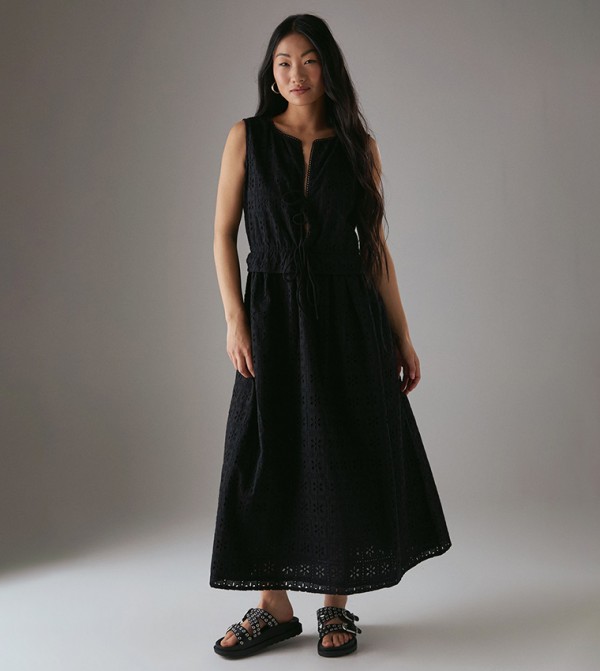 Petite Broderie Drawstring Detail Sleeveless Midi Sundress