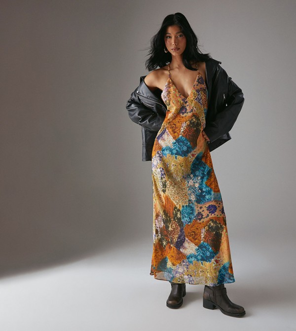 Hcd Mixed Print Chiffon Strappy Bias Midi Dress