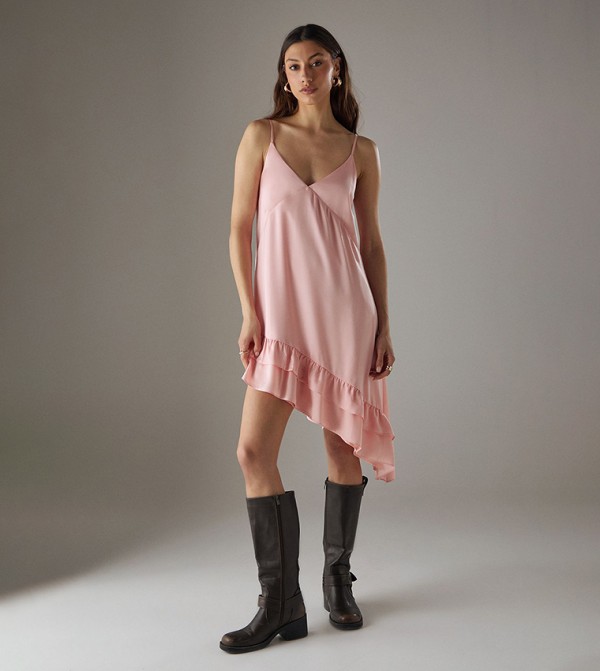 Satin Asymmetric Ruffle Mini Strappy Dress