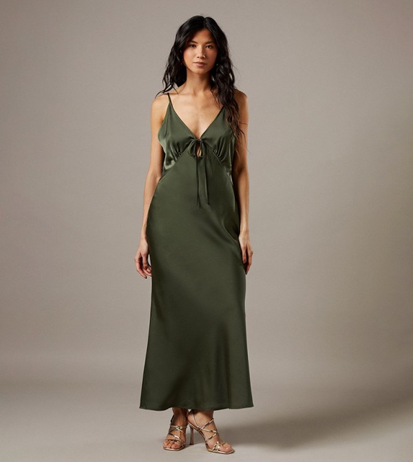 Satin Strappy Tie Front Maxi Slip Dress