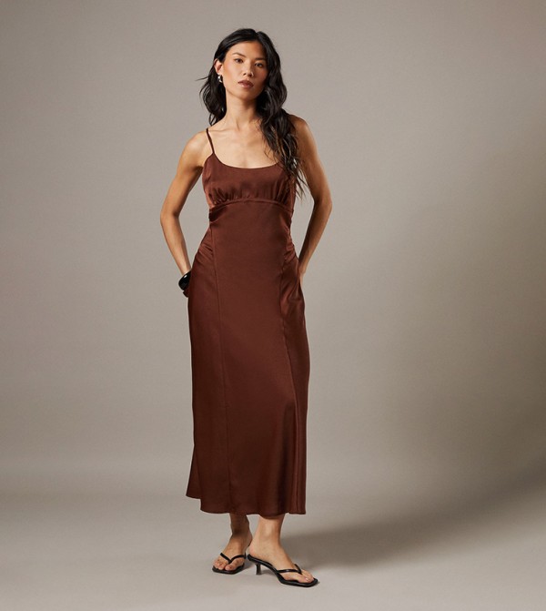 Satin Tie Bust Seam Strappy Midi Slip Dress