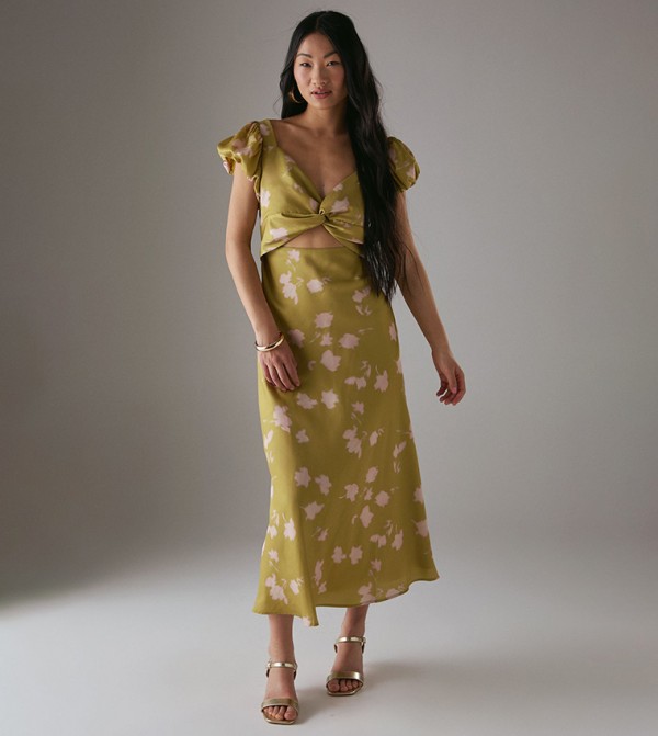 Petite Satin Knot Front Cut Out Midi Dress