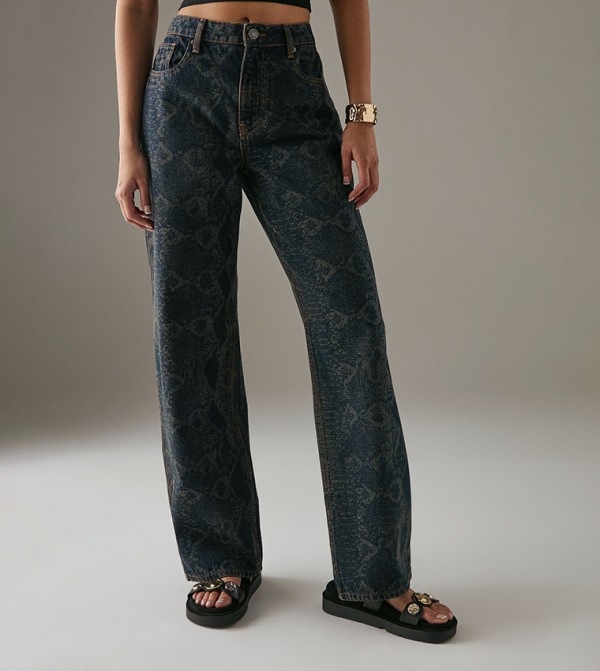 Snake Printed Straight Leg Jeans