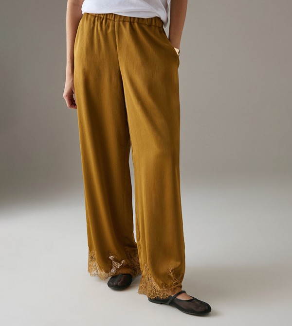 Satin Lace Insert High Waisted Wide Leg Trousers