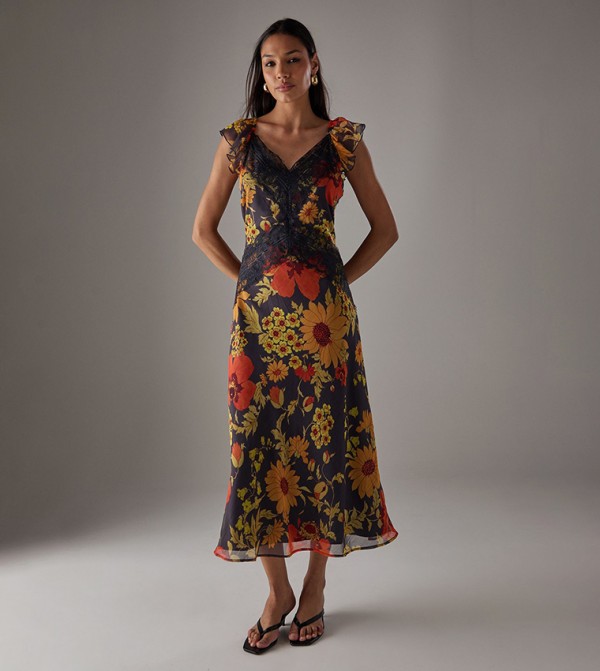 Had Chiffon Lace Insert Frill Sleeves Midi Dress