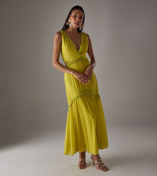 Had Chiffon Fringe Trim Cut Out Maxi Dress