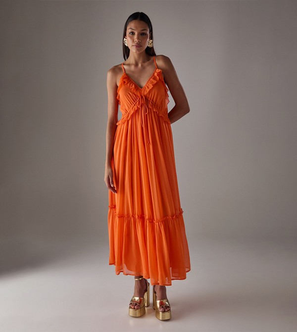 HCD Chiffon Ruffle Strappy Floaty Maxi Dress