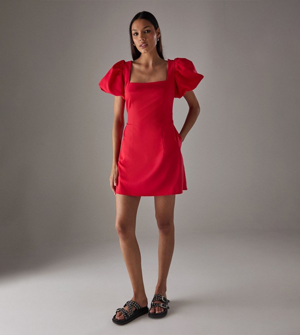 HCD Linen Square Neck Puff Sleeves Mini Dress