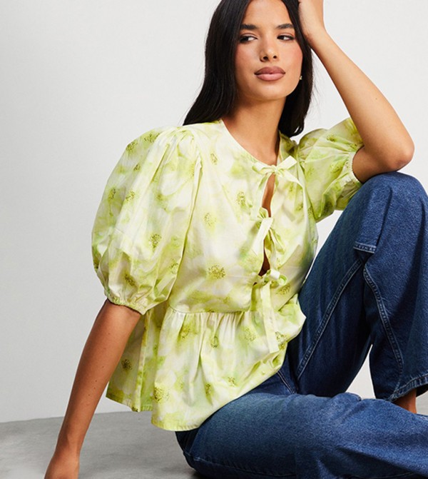 Printed Poplin Tie-Front Puff Sleeves Top