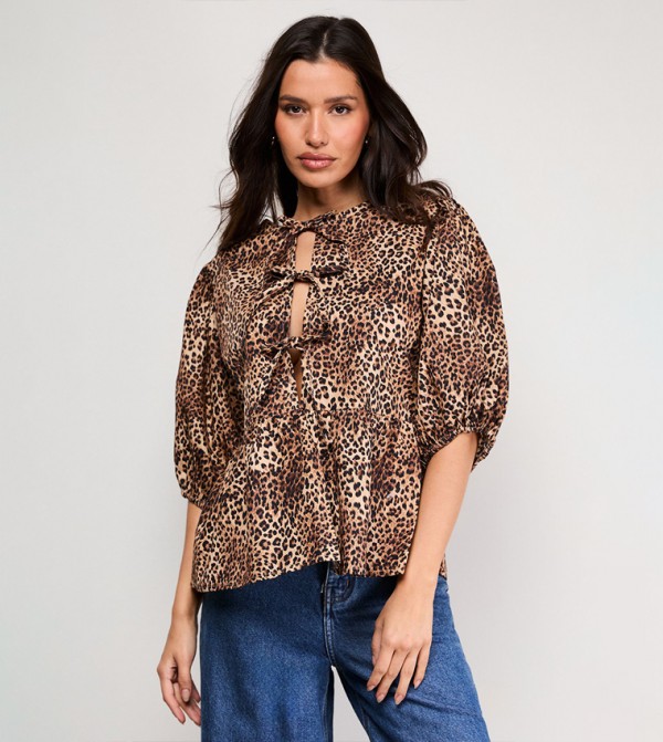 Print Poplin Tie Front Volume Sleeves Top