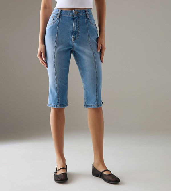Washed Button Closure Denim Capri