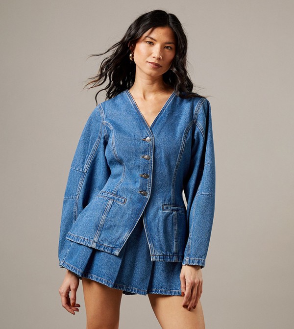 Balloon Sleeves Nipped Waist Denim Jacket