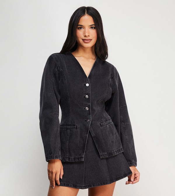 Nipped Waist Balloon Sleeves Denim Jacket