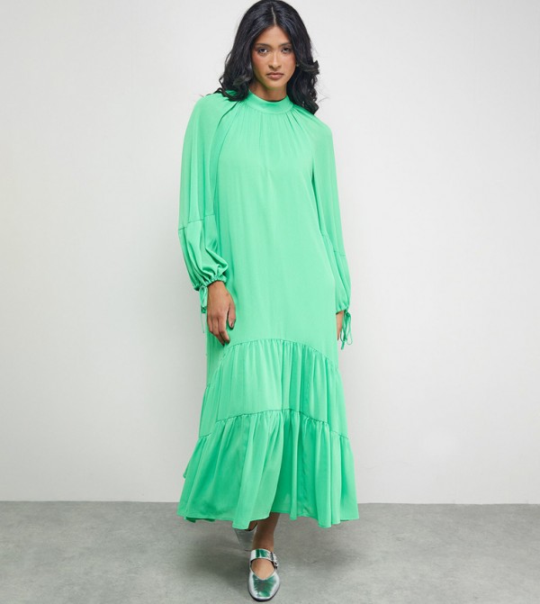 Tony Chiffon Mock Neck Tiered Midi Dress