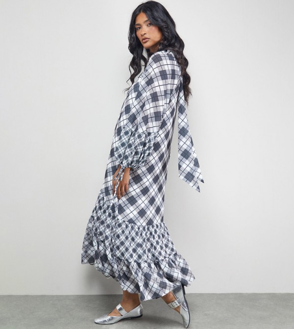 Tony Plaid Mock Neck Tiered Midi Dress