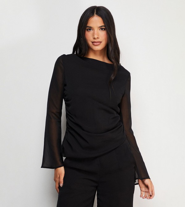 Chiffon Asymmetric Gathered Waist Top