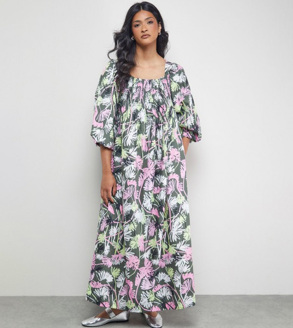 Patterned Shirred Square Neck Maxi Dress