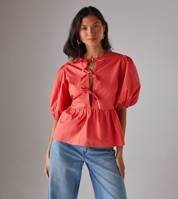 Poplin Tie Front Volume Sleeves Top