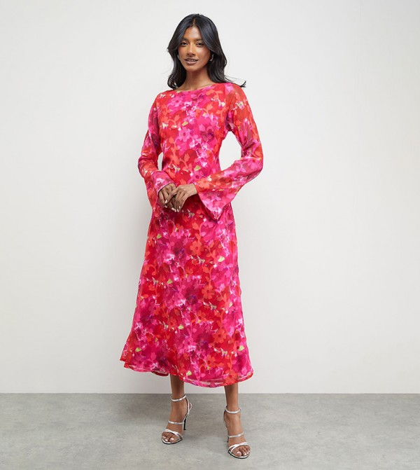 Burnout Floral Print Chiffon Slash Neck Bias Midi Dress